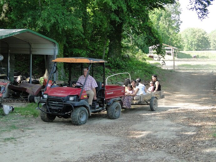 Man driving a red utility vehicle pulling a wooden trailer with several passengers along a dirt path in a rural setting, surrounded by trees and farm structures.