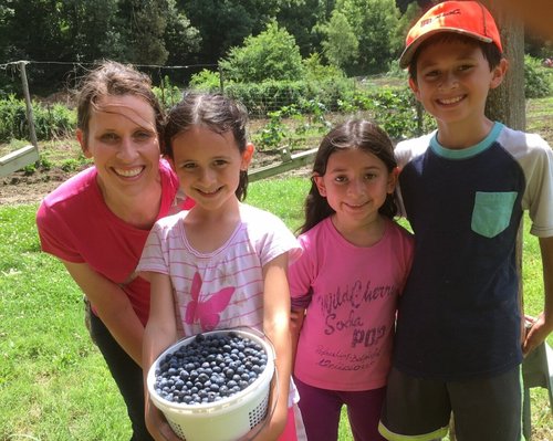 A woman and three children proudly hold a basket of freshly picked blueberries in a green, sunny field, showcasing a joyful family outing in nature.