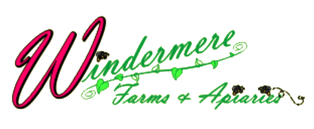 LogoWindermere Logo of Windermere Farms & Apiaries featuring vibrant lettering in pink and green, with decorative elements like vines and bees, representing a focus on sustainable farming and beekeeping.