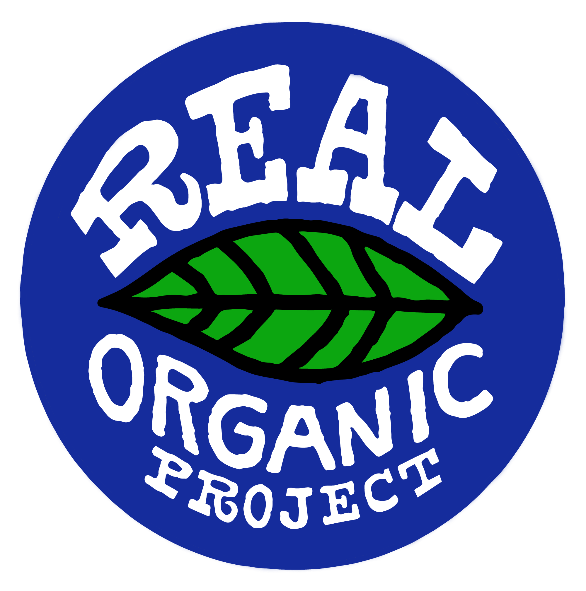 Logo of the Real Organic Project featuring a green leaf on a blue circular background with the words "Real Organic Project" in bold white lettering, symbolizing commitment to authentic organic farming practices.